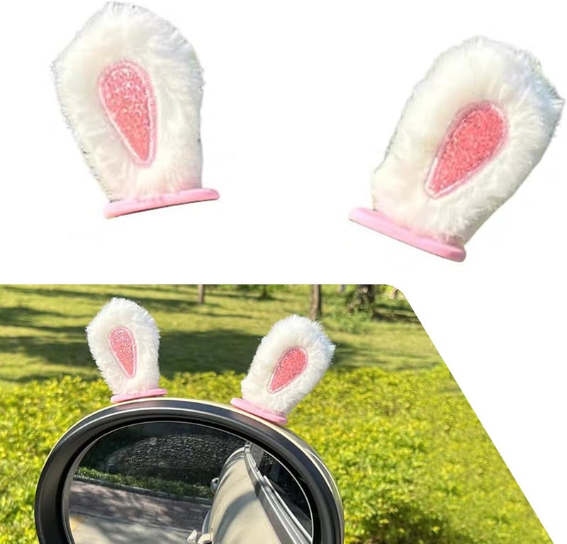 Arwrilt Cute Plush Bunny Ears Decoration for Car Rearview Mirror, Small Rabbit Ears Decor for Car Dashboard Motorcycle Helmet (White) - Image 1